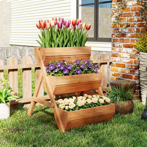 Outsunny Floreira de Madeira de 3 Níveis Floreira Elevada de Exterior com Orifícios de Drenagem Ideal para Plantas e Flores Terraço ou Jardim 65x75x76 cm Castanho