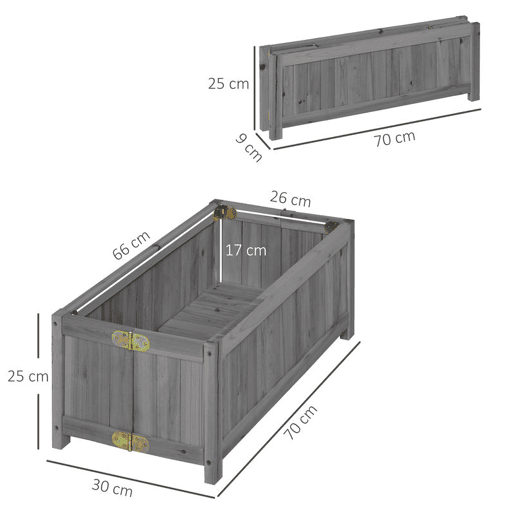 Outsunny Floreira de Madeira Dobrável Floreira Elevada para Cultivo de Vegetais e Flores no Exterior Pátio Varanda Terraço 70x30x25 cm Cinzento