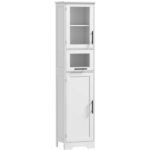HOMCOM Armário de Casa de Banho Alto Móvel Auxiliar de Casa de Banho com Porta de Vidro Prateleiras Ajustáveis Gaveta Coluna Estreita para Espaços Pequenos 40x31x170 cm Branco