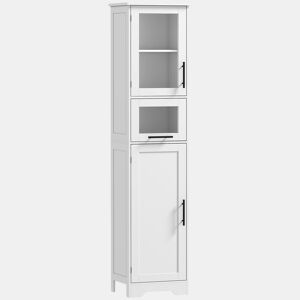 HOMCOM Armário de Casa de Banho Alto Móvel Auxiliar de Casa de Banho com Porta de Vidro Prateleiras Ajustáveis Gaveta Coluna Estreita para Espaços Pequenos 40x31x170 cm Branco