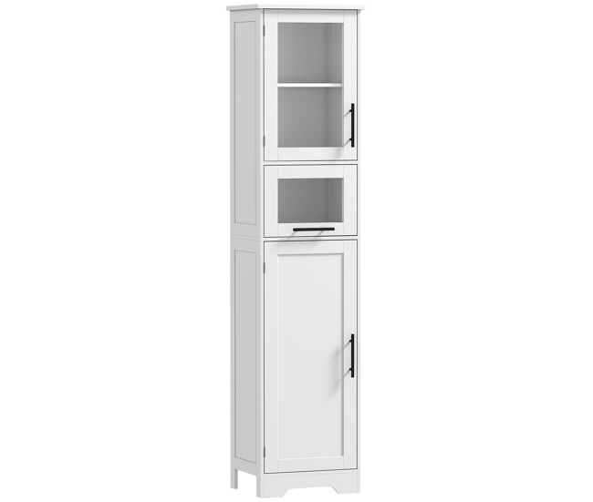 Homcom armario de baño alto, mueble auxiliar de baño con puerta de vidrio, estantes ajustables, cajón, columna estrecha para espacios pequeños, 40x31x170 cm, blanco
