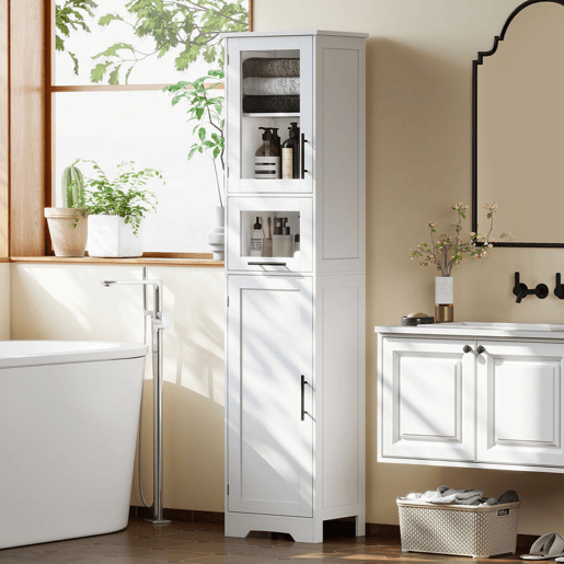 HOMCOM Armário de Casa de Banho Alto Móvel Auxiliar de Casa de Banho com Porta de Vidro Prateleiras Ajustáveis Gaveta Coluna Estreita para Espaços Pequenos 40x31x170 cm Branco
