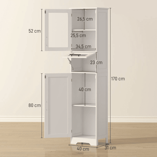 HOMCOM Armário de Casa de Banho Alto Móvel Auxiliar de Casa de Banho com Porta de Vidro Prateleiras Ajustáveis Gaveta Coluna Estreita para Espaços Pequenos 40x31x170 cm Branco
