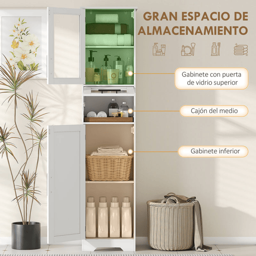 HOMCOM Armário de Casa de Banho Alto Móvel Auxiliar de Casa de Banho com Porta de Vidro Prateleiras Ajustáveis Gaveta Coluna Estreita para Espaços Pequenos 40x31x170 cm Branco