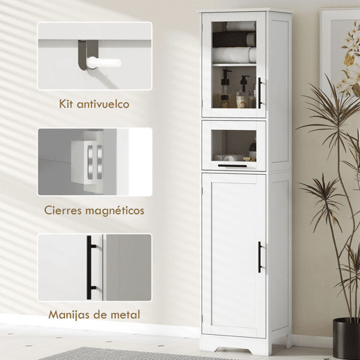 HOMCOM Armário de Casa de Banho Alto Móvel Auxiliar de Casa de Banho com Porta de Vidro Prateleiras Ajustáveis Gaveta Coluna Estreita para Espaços Pequenos 40x31x170 cm Branco