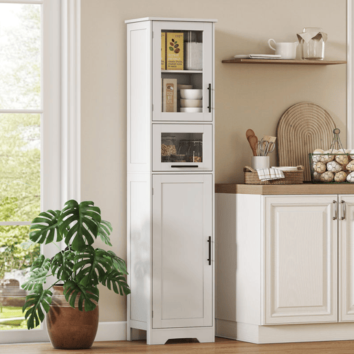 HOMCOM Armário de Casa de Banho Alto Móvel Auxiliar de Casa de Banho com Porta de Vidro Prateleiras Ajustáveis Gaveta Coluna Estreita para Espaços Pequenos 40x31x170 cm Branco
