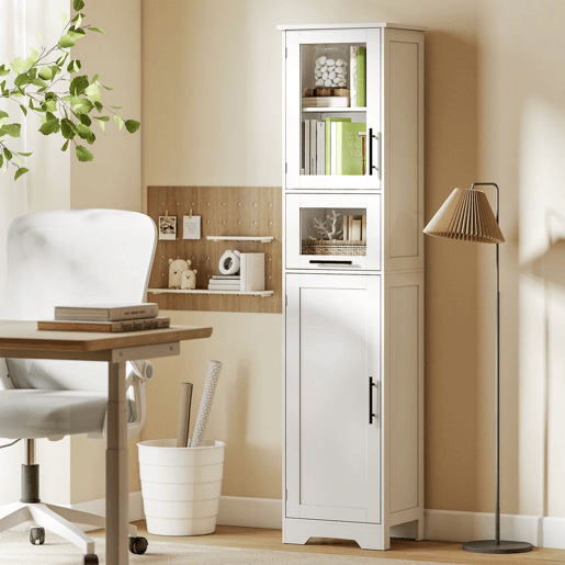 HOMCOM Armário de Casa de Banho Alto Móvel Auxiliar de Casa de Banho com Porta de Vidro Prateleiras Ajustáveis Gaveta Coluna Estreita para Espaços Pequenos 40x31x170 cm Branco
