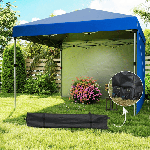 Outsunny Tenda Dobrável Pop-up Tenda 3x3 m Toldo Dobrável com 2 Laterais Anti-UV Altura Ajustável em 3 Níveis Sacos de Areia e Saco de Transporte com Rodas para Camping Festas Azul