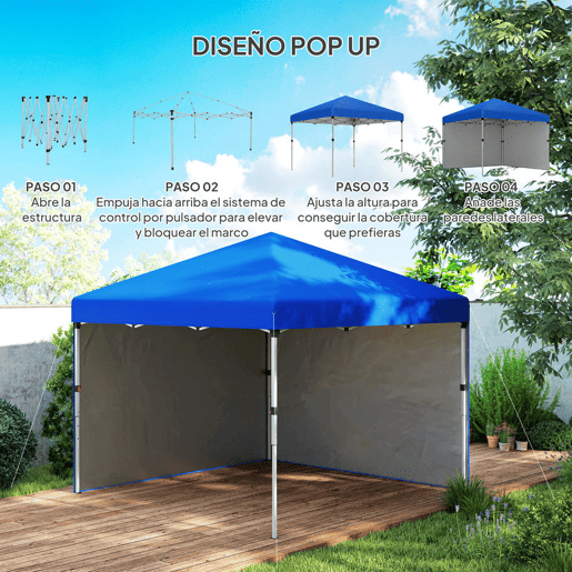 Outsunny Tenda Dobrável Pop-up Tenda 3x3 m Toldo Dobrável com 2 Laterais Anti-UV Altura Ajustável em 3 Níveis Sacos de Areia e Saco de Transporte com Rodas para Camping Festas Azul