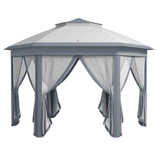 Outsunny Tenda Dobrável 4x3,4 m Tenda de Jardim Hexagonal com Duplo Tecto 6 Mosquiteiras Destacáveis e Saco de Transporte Impermeável Anti-UV para Exterior Festas Cinzento