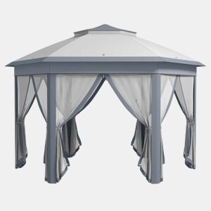 Outsunny Tenda Dobrável 4x3,4 m Tenda de Jardim Hexagonal com Duplo Tecto 6 Mosquiteiras Destacáveis e Saco de Transporte Impermeável Anti-UV para Exterior Festas Cinzento