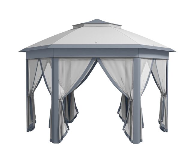 Outsunny carpa plegable 4x3,4 m, cenador de jardín hexagonal con doble techo, 6 mosquiteras extraíbles y bolsa de transporte, impermeable, anti-uv para exterior, fiestas, gris