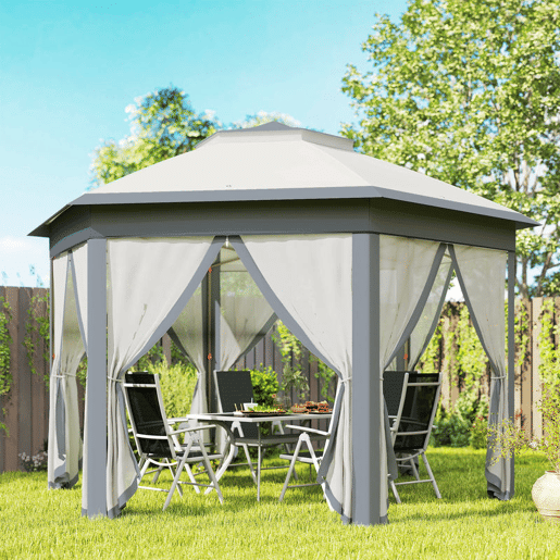 Outsunny Tenda Dobrável 4x3,4 m Tenda de Jardim Hexagonal com Duplo Tecto 6 Mosquiteiras Destacáveis e Saco de Transporte Impermeável Anti-UV para Exterior Festas Cinzento