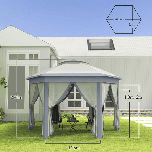 Outsunny Tenda Dobrável 4x3,4 m Tenda de Jardim Hexagonal com Duplo Tecto 6 Mosquiteiras Destacáveis e Saco de Transporte Impermeável Anti-UV para Exterior Festas Cinzento