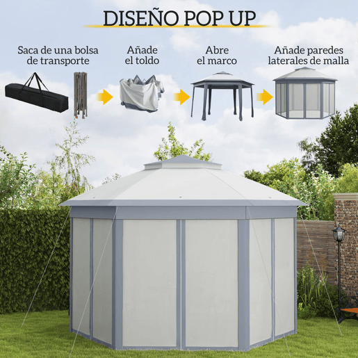 Outsunny Tenda Dobrável 4x3,4 m Tenda de Jardim Hexagonal com Duplo Tecto 6 Mosquiteiras Destacáveis e Saco de Transporte Impermeável Anti-UV para Exterior Festas Cinzento