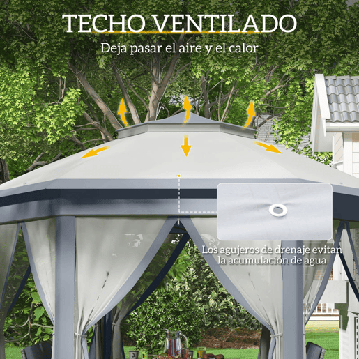 Outsunny Tenda Dobrável 4x3,4 m Tenda de Jardim Hexagonal com Duplo Tecto 6 Mosquiteiras Destacáveis e Saco de Transporte Impermeável Anti-UV para Exterior Festas Cinzento