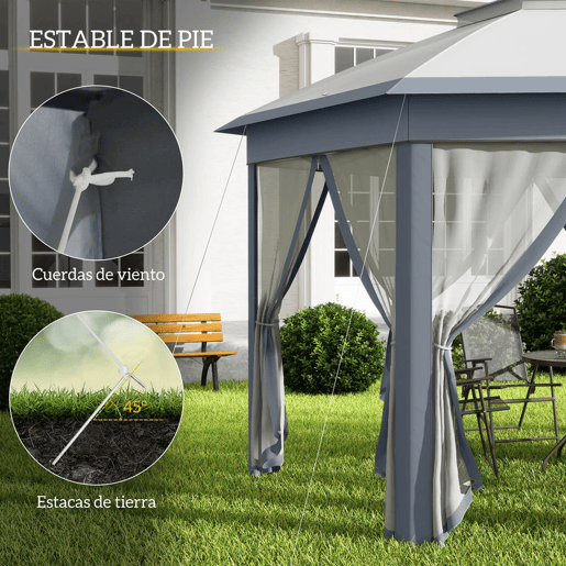 Outsunny Tenda Dobrável 4x3,4 m Tenda de Jardim Hexagonal com Duplo Tecto 6 Mosquiteiras Destacáveis e Saco de Transporte Impermeável Anti-UV para Exterior Festas Cinzento