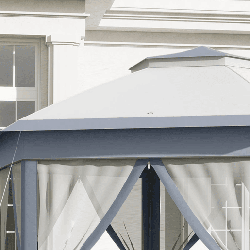 Outsunny Tenda Dobrável 4x3,4 m Tenda de Jardim Hexagonal com Duplo Tecto 6 Mosquiteiras Destacáveis e Saco de Transporte Impermeável Anti-UV para Exterior Festas Cinzento