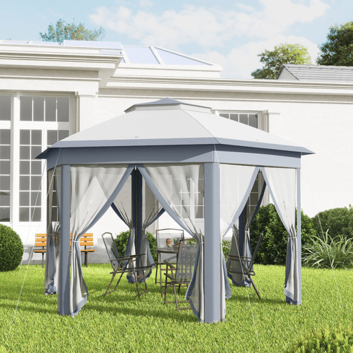 Outsunny Tenda Dobrável 4x3,4 m Tenda de Jardim Hexagonal com Duplo Tecto 6 Mosquiteiras Destacáveis e Saco de Transporte Impermeável Anti-UV para Exterior Festas Cinzento