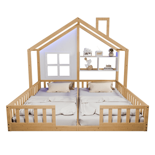 Cama infantil 90x200 - Design de casa com janelas e lareira, LED, grade e prateleiras - Madeira natural
