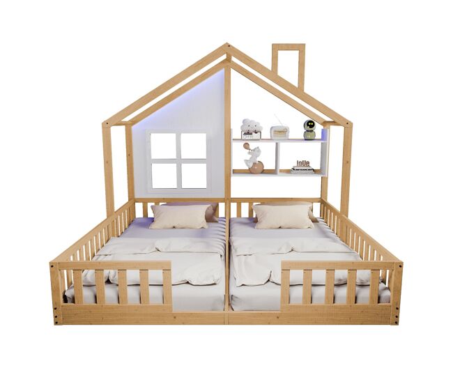 Cama infantil 90x200 - diseño casa con ventanas y chimenea, led, barandilla y estantes - madera natural
