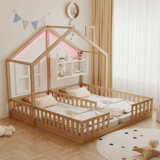 Cama infantil 90x200 - Design de casa com janelas e lareira, LED, grade e prateleiras - Madeira natural