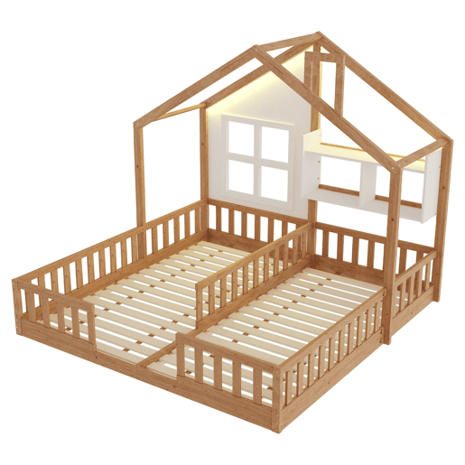 Cama infantil 90x200 - Design de casa com janelas e lareira, LED, grade e prateleiras - Madeira natural