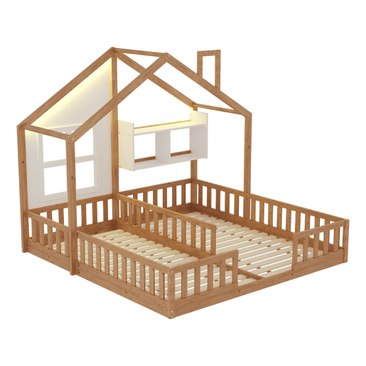 Cama infantil 90x200 - Design de casa com janelas e lareira, LED, grade e prateleiras - Madeira natural
