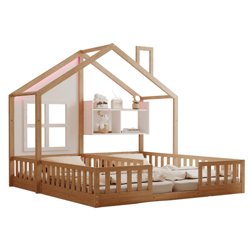 Cama infantil 90x200 - Design de casa com janelas e lareira, LED, grade e prateleiras - Madeira natural