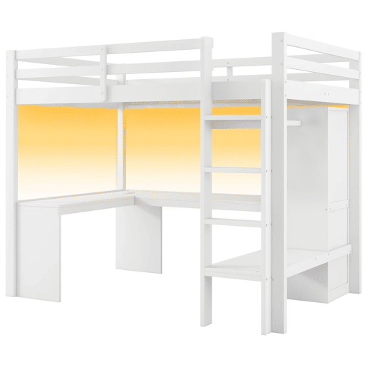 Cama alta 140x200 - Estantes multifuncionais, secretária inferior, luz LED, USB - Branco