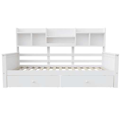 Sofá-cama 90x200 - Com gavetas e prateleiras, estrado, cama infantiljuvenil, madeira maciça - Branco