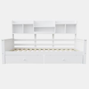 Sofá-cama 90x200 - Com gavetas e prateleiras, estrado, cama infantiljuvenil, madeira maciça - Branco
