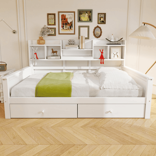 Sofá-cama 90x200 - Com gavetas e prateleiras, estrado, cama infantiljuvenil, madeira maciça - Branco