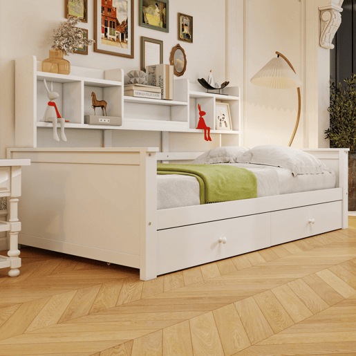 Sofá-cama 90x200 - Com gavetas e prateleiras, estrado, cama infantiljuvenil, madeira maciça - Branco