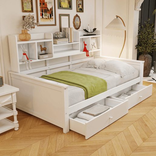 Sofá-cama 90x200 - Com gavetas e prateleiras, estrado, cama infantiljuvenil, madeira maciça - Branco