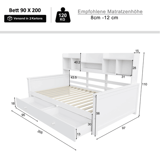 Sofá-cama 90x200 - Com gavetas e prateleiras, estrado, cama infantiljuvenil, madeira maciça - Branco