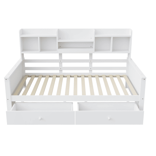 Sofá-cama 90x200 - Com gavetas e prateleiras, estrado, cama infantiljuvenil, madeira maciça - Branco