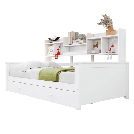 Sofá-cama 90x200 - Com gavetas e prateleiras, estrado, cama infantiljuvenil, madeira maciça - Branco