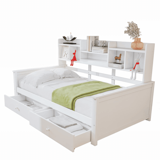 Sofá-cama 90x200 - Com gavetas e prateleiras, estrado, cama infantiljuvenil, madeira maciça - Branco