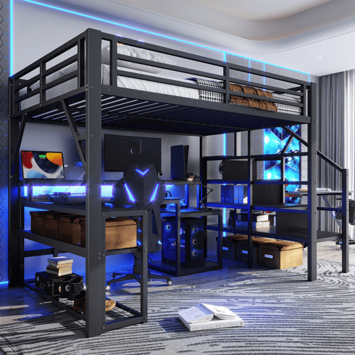 Cama alta 140x200 - com secretária, LED, USB e arrumação - Preto
