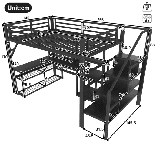 Cama alta 140x200 - com secretária, LED, USB e arrumação - Preto