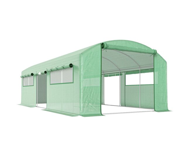 Outsunny invernadero de exterior 6x3x2 m, invernadero de túnel con 3 puertas enrollables, 6 ventanas de malla, cubierta pe 140g/m² anti-uv y marco de acero galvanizado, para cultivos, plantas, verde