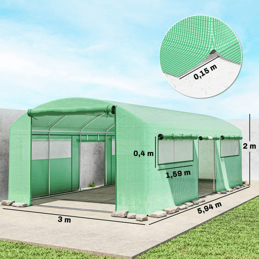 Outsunny Estufa de Exterior 6x3x2 m, Estufa Tipo Túnel com 3 Portas Enroláveis, Janelas com Rede, Cobertura PE 140gm² Anti-UV e Estrutura de Aço Galvanizado, para Cultivo de Plantas, Verde