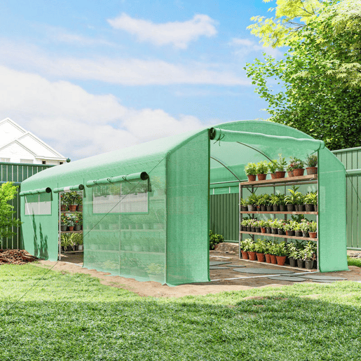 Outsunny Estufa de Exterior 6x3x2 m, Estufa Tipo Túnel com 3 Portas Enroláveis, Janelas com Rede, Cobertura PE 140gm² Anti-UV e Estrutura de Aço Galvanizado, para Cultivo de Plantas, Verde