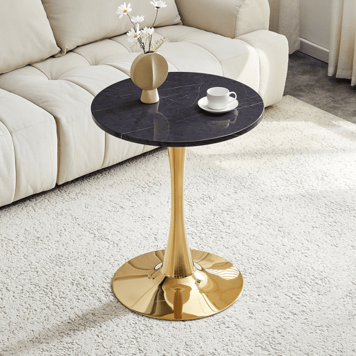 Mesa auxiliar redonda 60 cm - MDF com termoformado, mármore preto, estrutura dourada - Preto+Dourado