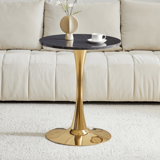Mesa auxiliar redonda 60 cm - MDF com termoformado, mármore preto, estrutura dourada - Preto+Dourado