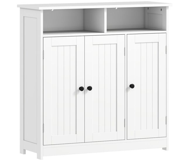 Homcom mueble de baño, armario de baño estrecho con 3 puertas, 2 compartimentos abiertos, estante ajustable, para sala de estar, cocina, 85x30x85 cm,