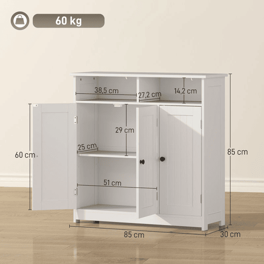 HOMCOM Armário de Casa de Banho Móvel de Casa de Banho Estreito com 3 Portas 2 Compartimentos Abertos Prateleira Ajustável para Sala de Estar Cozinha 85x30x85 cm Branco