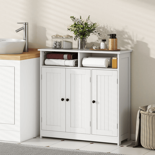 HOMCOM Armário de Casa de Banho Móvel de Casa de Banho Estreito com 3 Portas 2 Compartimentos Abertos Prateleira Ajustável para Sala de Estar Cozinha 85x30x85 cm Branco