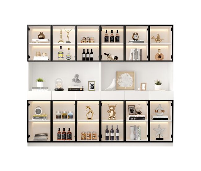 Vitrina de vidrio 200 cm - con luces led, estantería multiusos para colección, blanco - marco de puerta negro